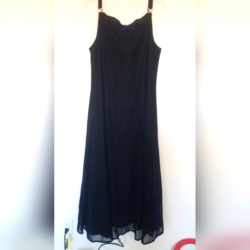 Betsy & Adam Navy Winter Formal Long Gown with Metallic Overlay. Sz 18W